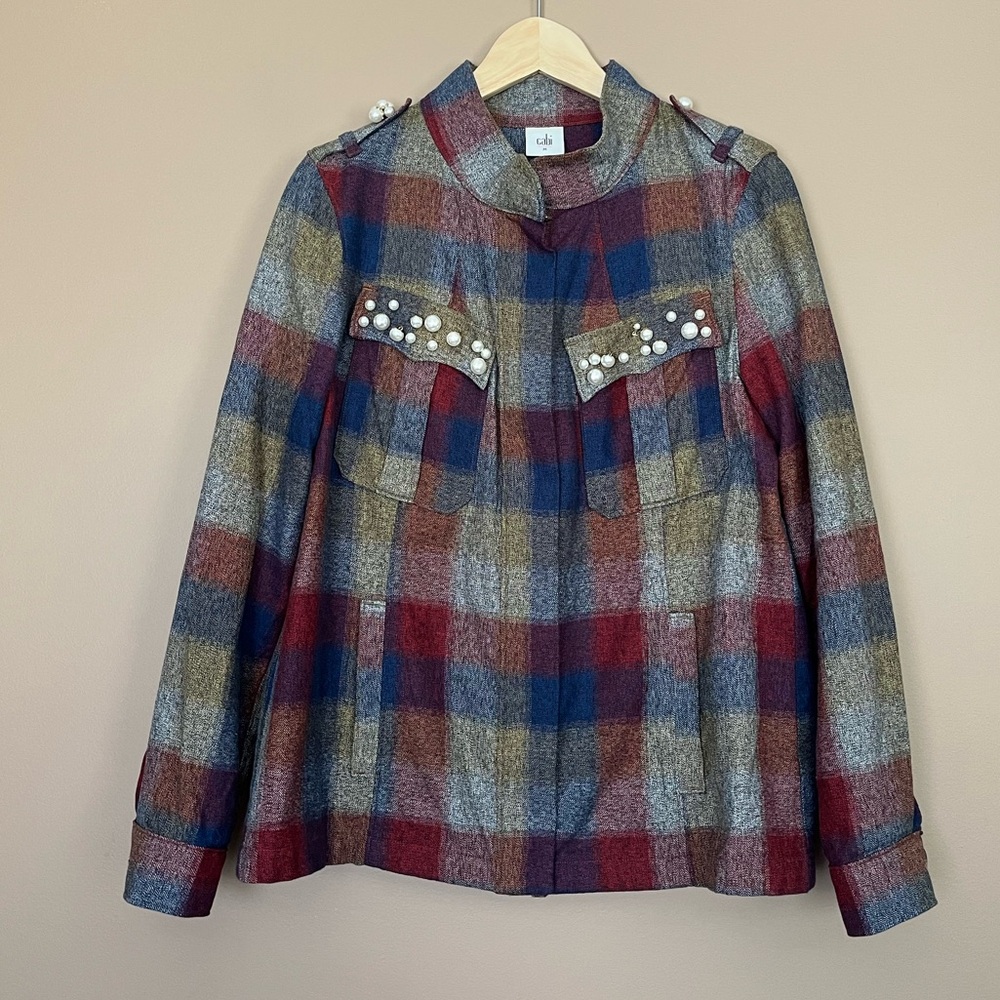 {Cabi} Collage Plaid Jacket with Pearl Embellishment - Womens Medium
